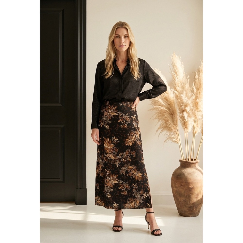 First Issue Liz Claiborne Brown Size 16 Reversible Floral Midi Skirt Sides Slit
